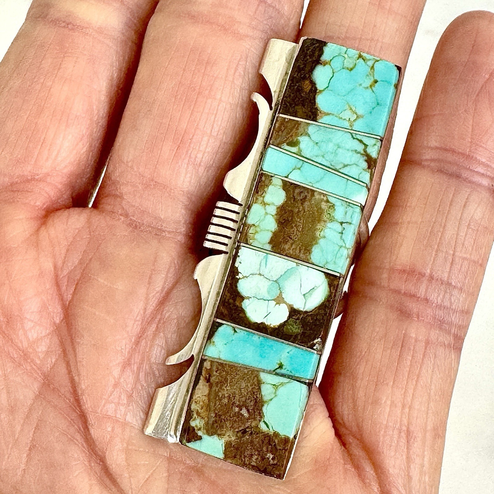 Navajo Big #8 Turquoise Ring Sz 7 Sterling 2 In Long Signed Steve Francisco Rect